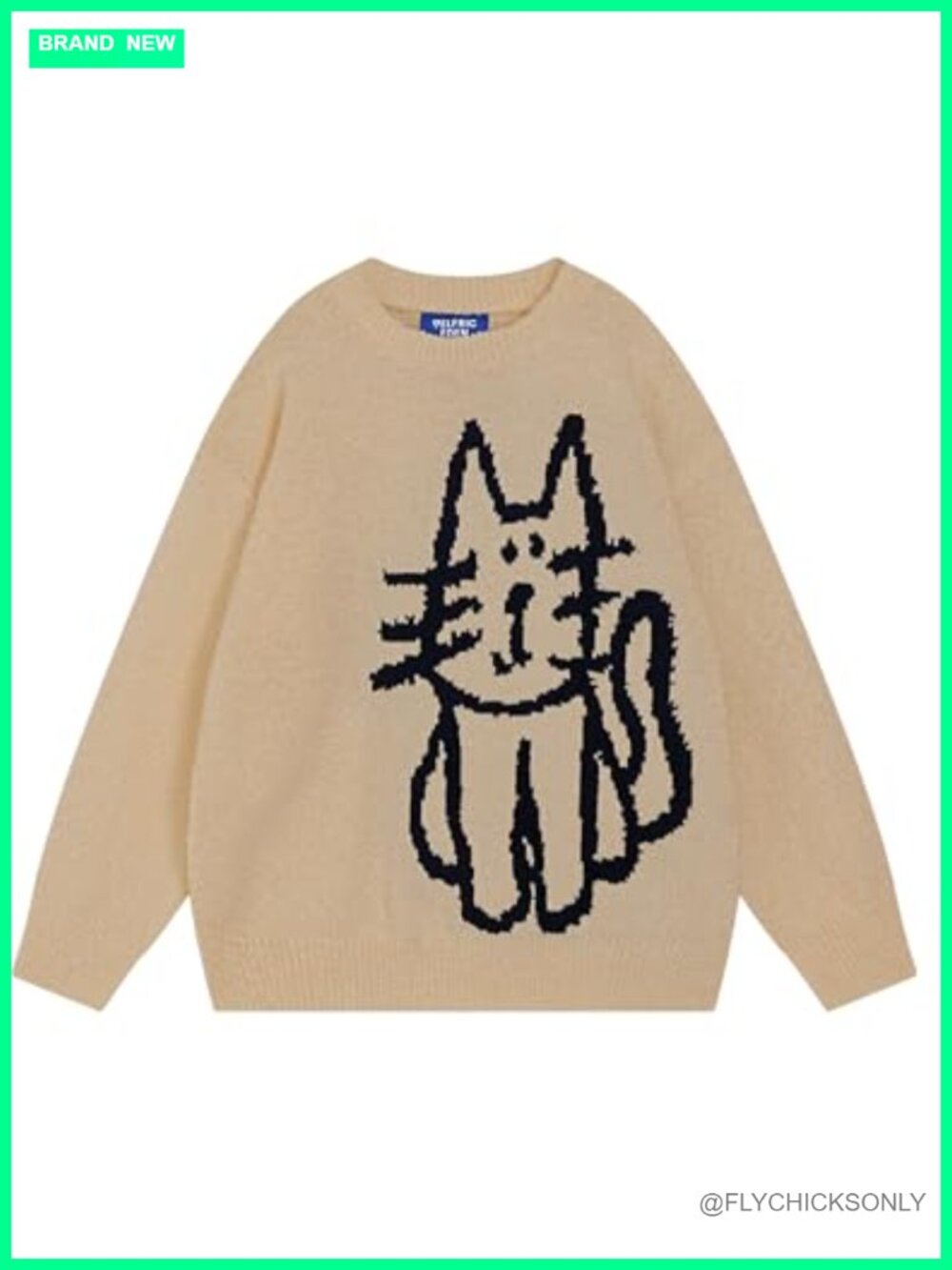 Oversized Cat Print Pullover Sweater 100% Polyester Crew Neck Long Sleeve